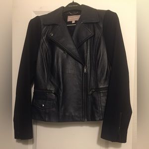 NWOT Banana Republic navy blue leather jacket with wool sleeves